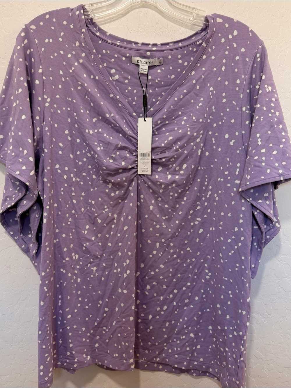 NWT Chico’s large purple polka dot top Touch of Cool Handkerchief Sleeve V-Neck